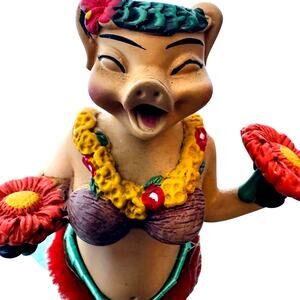 Vtg Bobble Pig Hawaiian Hula Girl Grass Skirt Dancing Dash Resin Figure Fun